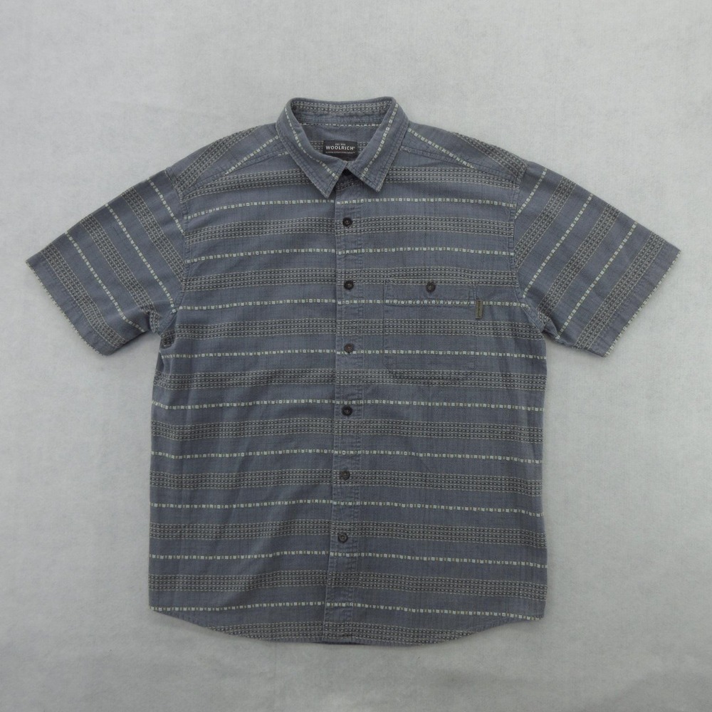 Woolrich Shirt Mens Large Blue Stripe 100% Cotton Short Sleeve Button Up Casual